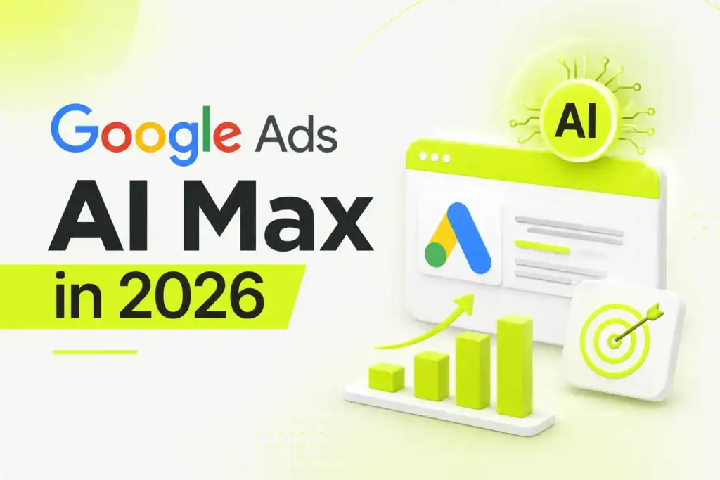 Google Ads AI Max in 2026 — AI-powered PPC dashboard with growth chart and target icon