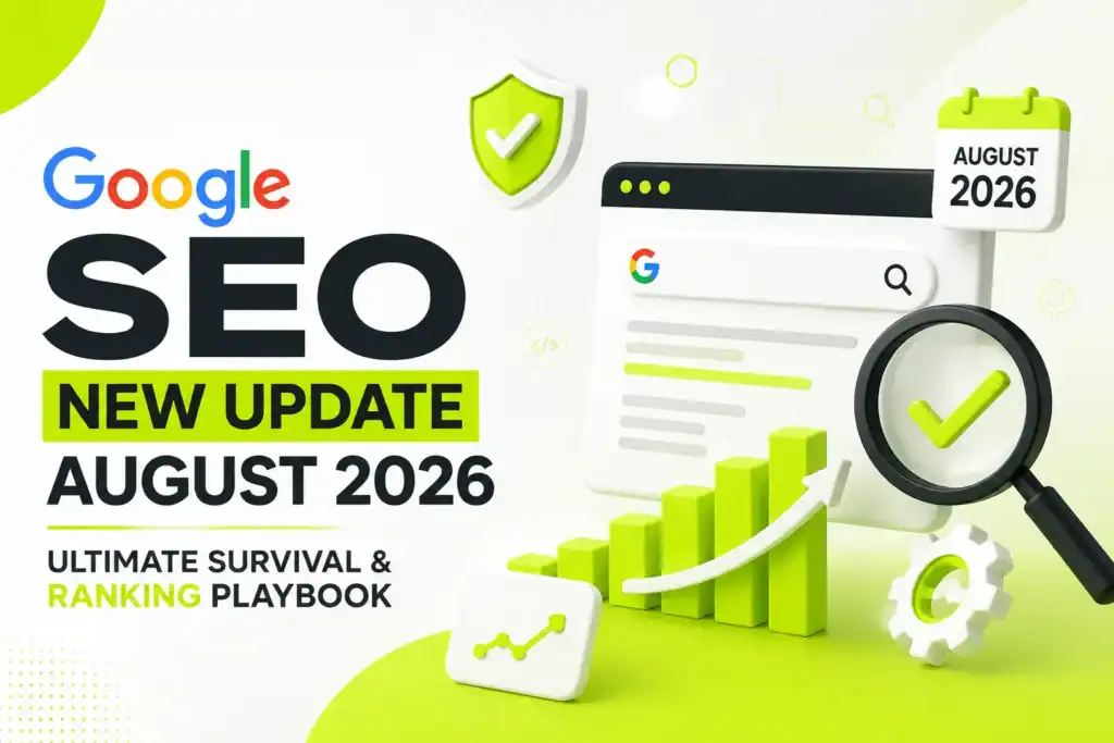 Google SEO New Update August 2026 - Ultimate Survival and Ranking Playbook infographic showing Google search interface, ranking growth chart, and security shield icon