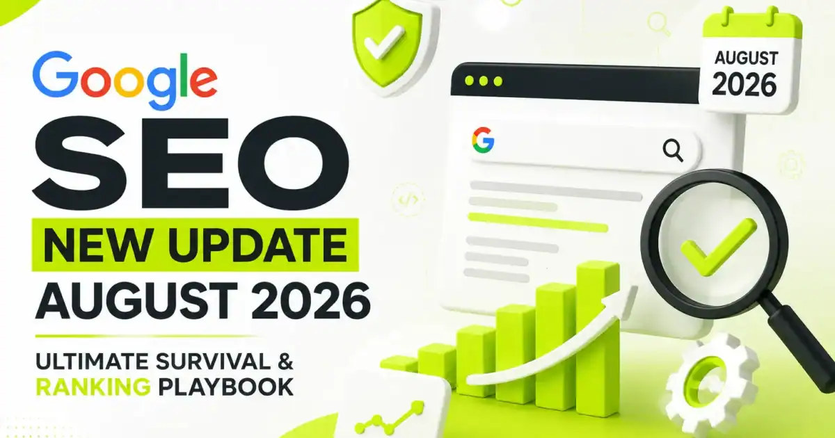 Google SEO New Update August 2026 - Ultimate Survival and Ranking Playbook infographic showing Google search interface, ranking growth chart, and security shield icon