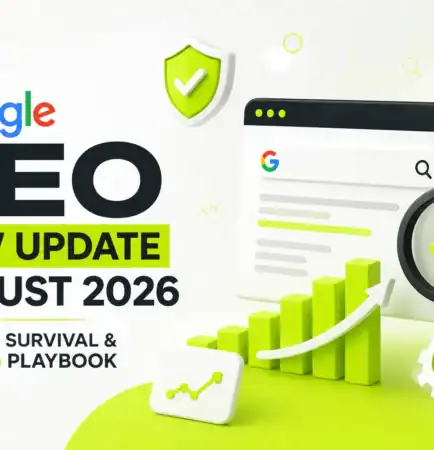 Google SEO New Update August 2026 - Ultimate Survival and Ranking Playbook infographic showing Google search interface, ranking growth chart, and security shield icon