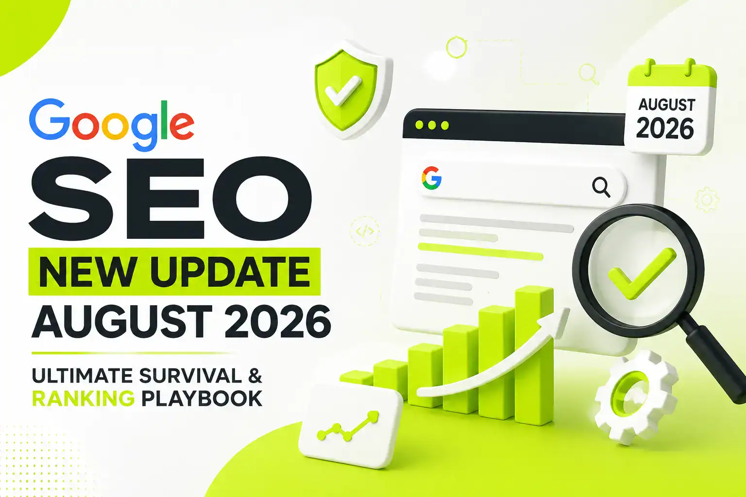 Google SEO New Update August 2026 - Ultimate Survival and Ranking Playbook infographic showing Google search interface, ranking growth chart, and security shield icon